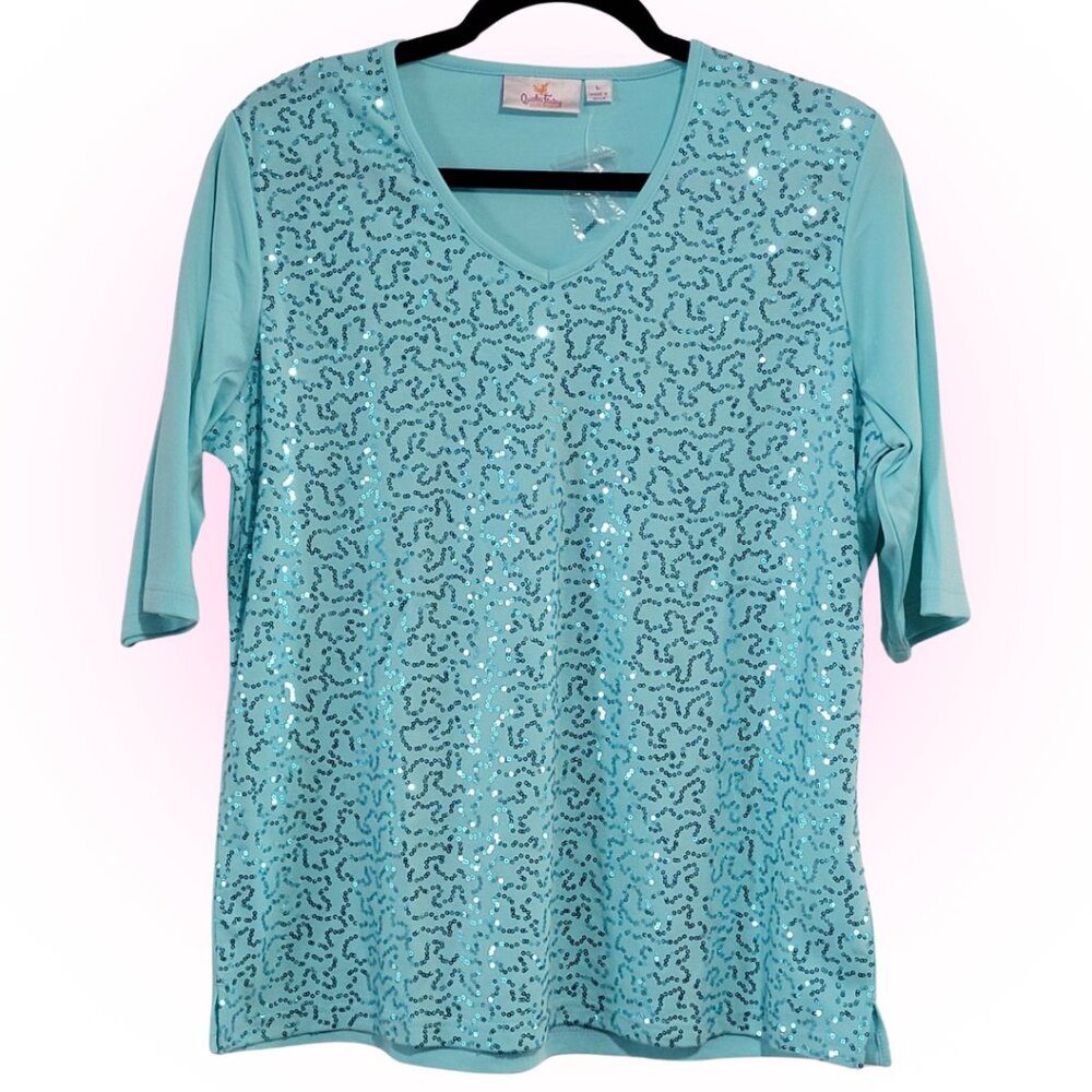 NWT Y2K MCBLING SILVER SEQUIN AQUA BLUE WOMEN'S 3/4 SLEEVE T-SHIRT L